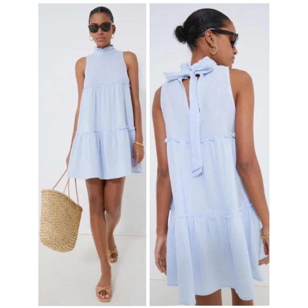 Pomander Place Pale Blue High Neck Tiered Gauze Morgan Mini Dress Small